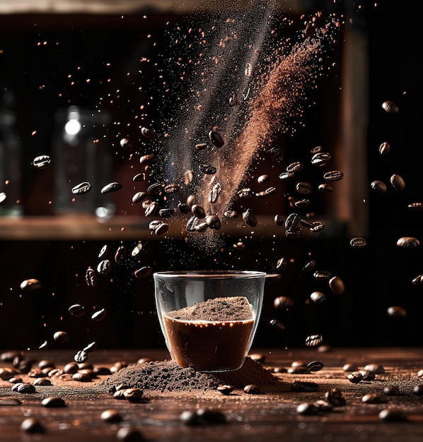 Eine dynamische Anzeige von knallenden Kaffeebohnen über einem Schokoladenstück, die die Essenz einer Mischung von Geschmacksrichtungen einfängt
