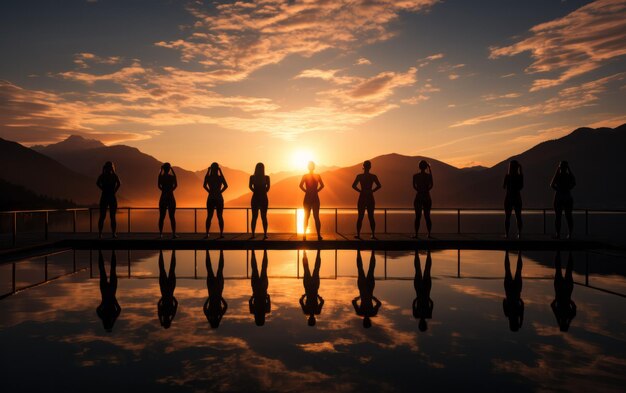 Eine dynamische Aufnahme einer Gruppe, die im Morgengrauen in einem Park Yoga macht