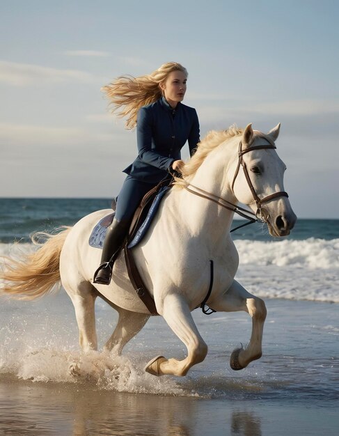 eine dynamische Darstellung einer schönen Frau in ihren Dreißigern, die mitten im Gallop auf einem mächtigen Pferd gefangen genommen wurde