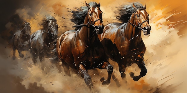 Eine dynamische Illustration, die Pferde auf der Rennstrecke mit einem verschwommenen, staubgefüllten Hintergrund darstellt, die die Aufregung und Intensität des Pferderennspiels einfängt