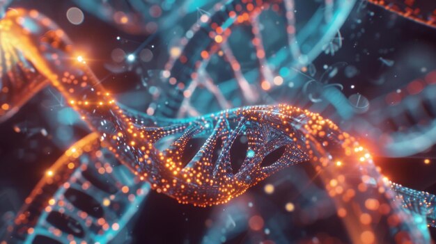 Eine dynamische Visualisierung farbenfroher DNA, die mit futuristischer Biotech-Beleuchtung AI Generative verbessert wurde