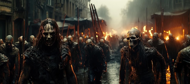 Foto eine dystopische apokalypse-fantasie-szene mit einer horde bedrohlicher zombies, die langsam zu einem ungewissen ziel laufen.