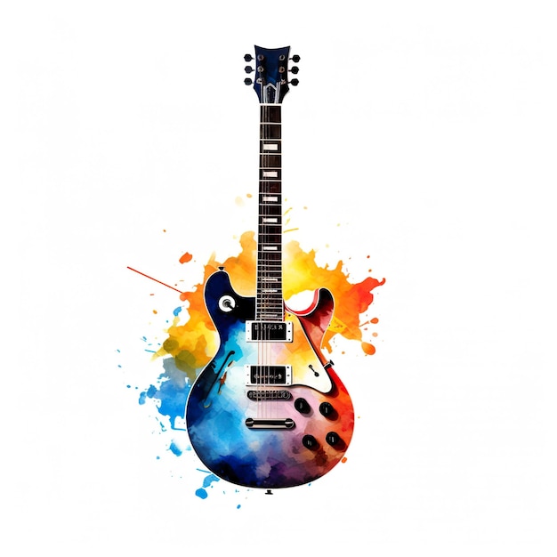 Eine E-Gitarre mit einem generativen KI-Bild mit Aquarell-Spritzeffekt