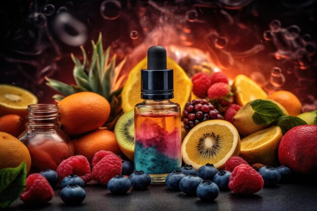 Foto eine e-liquid-flasche, umgeben von früchten und anderem