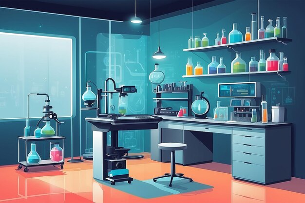 eine Ecke des Labors mit einem speziellen Bereich für das Experimentieren mit nanotechnologischen Vektorillustrationen im flachen Stil