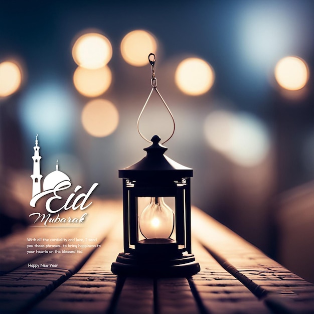 Eine Eid-Ramadan-Lampe steht auf einem Holztisch.