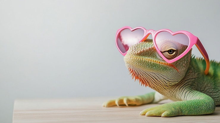 eine Eidechse mit rosa Liebesherz-Sonnenbrille auf weißem Hintergrund
