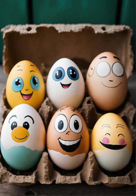 eine Eierkiste mit einem lächelnden Gesicht und auf ihnen gezeichneten Gesichtern