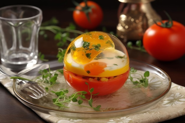 Eine Eierschale aus Glas mit einer Tomate im Inneren.