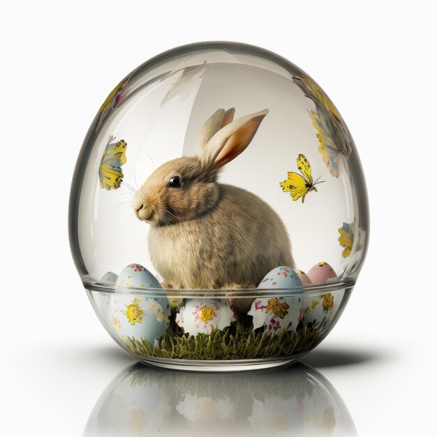 Eine eiförmige Glasschüssel hat einen Hasen und einen Hasen darauf.