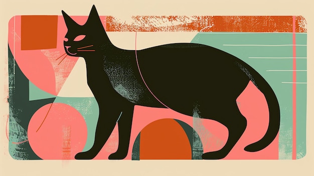 Eine einfache und elegante Illustration einer schwarzen Katze Die Katze steht in einem geometrischen Hintergrundmuster in einem skurrilen und farbenfrohen Stil