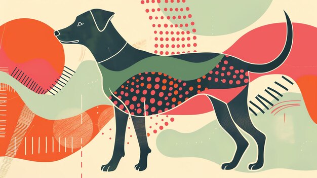 Eine einfache und farbenfrohe Illustration eines Hundes mit einem schwarzen Körper Der Hund steht dem Betrachter nach links