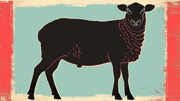 Eine einfache und stilvolle Illustration eines schwarzen Schafes Das Schaf steht auf einem blauen Hintergrund und blickt auf den Betrachter