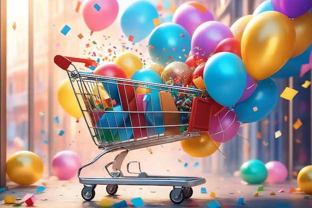 Eine Einkaufstasche und ein Einkaufswagen mit Luftballons und Konfetti auf farbigem Hintergrund