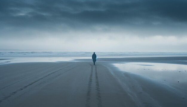 eine einsame Figur, die am blauen Montag auf einem leeren, bewölkten Strand spazieren geht