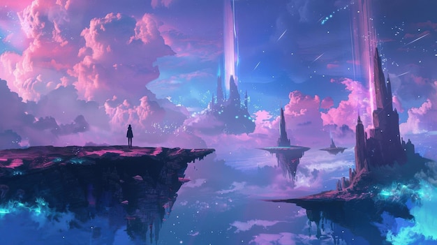 Eine einsame Figur, die auf eine himmlische Landschaft starrt