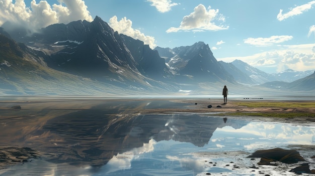 Eine einsame Figur eines Mannes in einer majestätischen Landschaft, die sich in einer ruhigen Wasseroberfläche widerspiegelt, umgeben von hohen schneebedeckten Bergen und einem klaren blauen Himmel