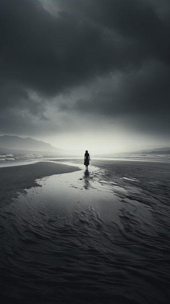 Foto eine einsame figur wandert an einem riesigen strand unter einem stürmischen himmel.