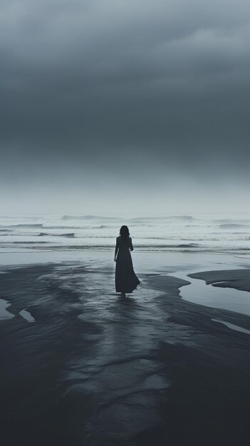 Foto eine einsame figur wandert an einem riesigen strand unter einem stürmischen himmel.