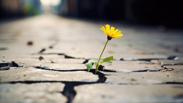 Eine einsame gelbe Blume wächst aus einem Riss in der Asphaltstraße Neutraler verschwommener Hintergrund Platz für Text