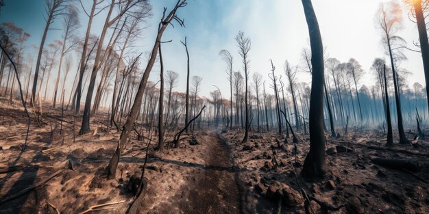 Eine einsame Landschaft aus geschwärzten, blattlosen Bäumen in einem verbrannten Wald