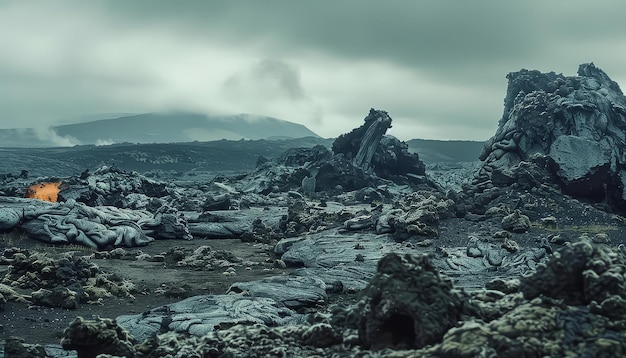 Eine einsame Landschaft mit einem großen Berg im Hintergrund