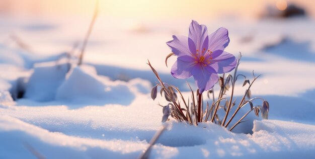 Eine einsame lila Blume, die dem Schnee beim Sonnenuntergang trotzt, ein Beweis für die Widerstandsfähigkeit der generativen KI