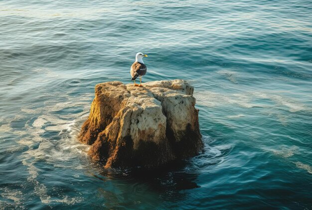 Eine einsame Möwe steht auf einem Felsen im Meer