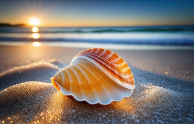 Eine einsame Muschel ruht auf dem ruhigen Strand und flüstert Geschichten über den riesigen, mysteriösen Ozean.
