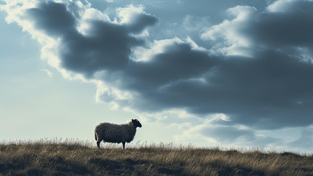 Eine einsame Schafsilhouette vor einem teilweise bewölkten Himmel mit viel Leerraum