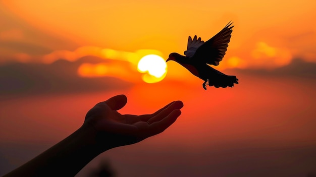 Foto eine einsame taube fliegt in richtung eines atemberaubenden sonnenaufgangs mit einer silhouette einer hand, die sie im vordergrund loslässt