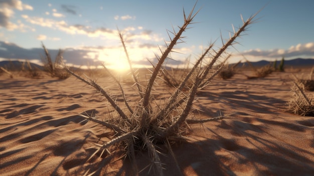 Eine einsame Wüstenpflanze steht hoch inmitten einer weiten und unfruchtbaren Landschaft