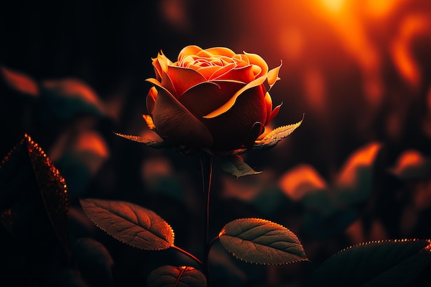 Eine einzelne atemberaubende Rose, die vom Morgenlicht beleuchtet wird