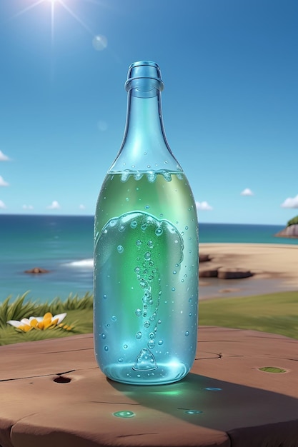 Eine einzelne Flasche Mineralwasser, beleuchtet von einer hellen Sonne, die über einem leuchtenden Blau schwebt