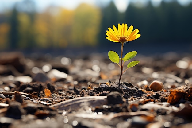 Eine einzelne gelbe Blume, die mitten auf einem Feld aus dem Boden sprießt