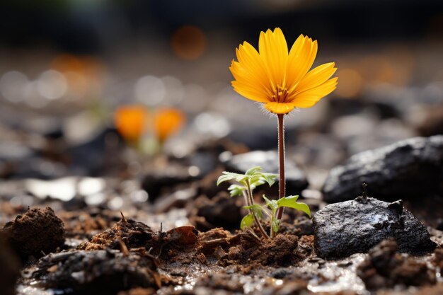 Eine einzelne gelbe Blume wächst aus dem Boden