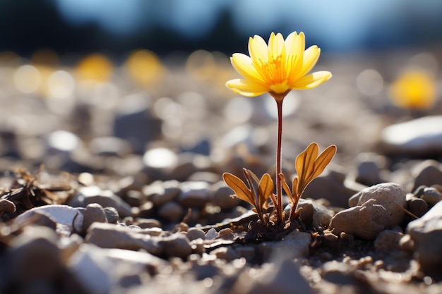 Eine einzelne gelbe Blume wächst aus dem Boden