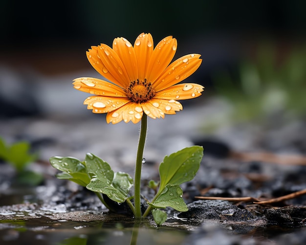 eine einzelne orangefarbene Blume in einer Wasserpfütze