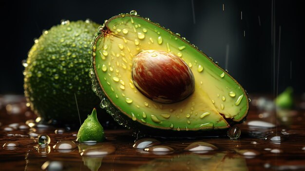 Eine einzelne reife Avocado ruht auf einer rustikalen Holzoberfläche