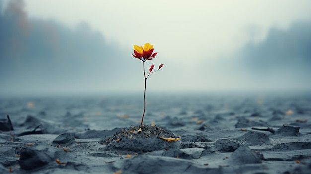 Foto eine einzelne rote blume, die mitten in einem nebligen feld aus dem boden wächst