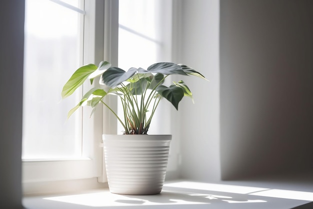 Eine einzelne Topfpflanze auf einer Metallfensterbank mit natürlichem Lichteinfall in KI-generierter Kunst