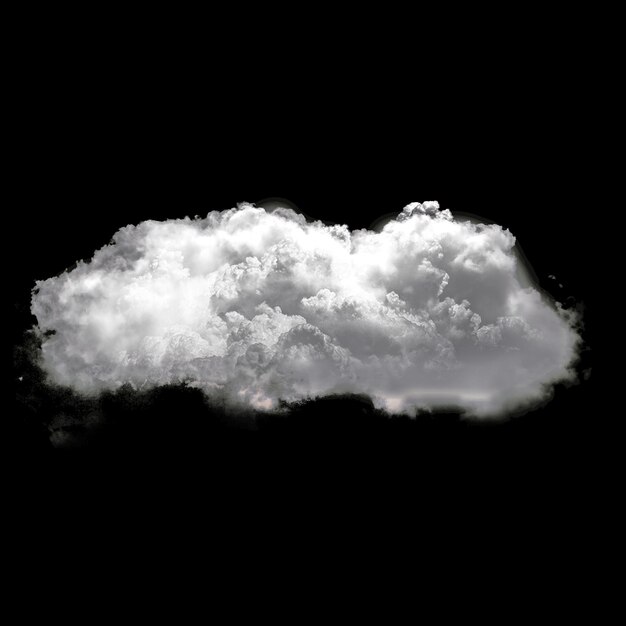 Eine einzelne weiße flauschige Wolke, die über einem schwarzen Hintergrund fliegt, 3D-Rendering-Illustration
