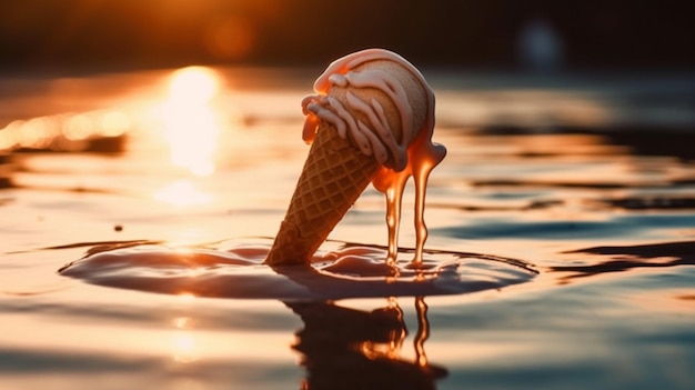 Eine Eistüte schwimmt im Wasser, dahinter geht die Sonne unter.