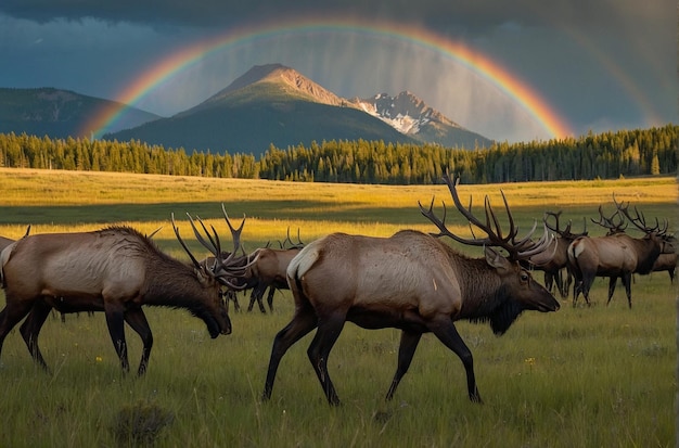 Eine Elchherde weidet unter den Regenbogen