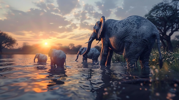 Foto eine elefantenfamilie geht bei sonnenuntergang durch einen fluss. die umgebung ist friedlich und ruhig, und das bild fängt die schönheit der afrikanischen wildnis ein.