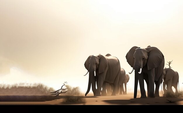 Eine Elefantenherde geht am Tag in Afrika vor einer staubigen Naturlandschaft.