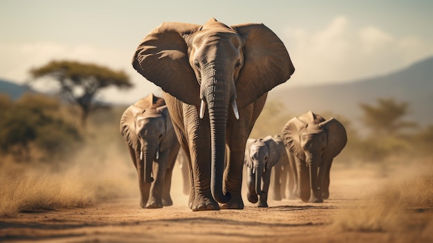 Eine Elefantenherde geht über eine schmutzige Straße