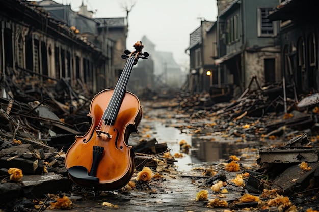 Eine elegant verlassene Geige, die im Schmutz und Schmutz der Straße vergessen wurde, erstellt mit generativer KI-Technologie