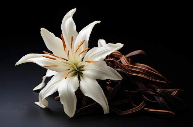 eine elegante Blume mit Vanillebohnen auf einer schwarzen Tischplatte