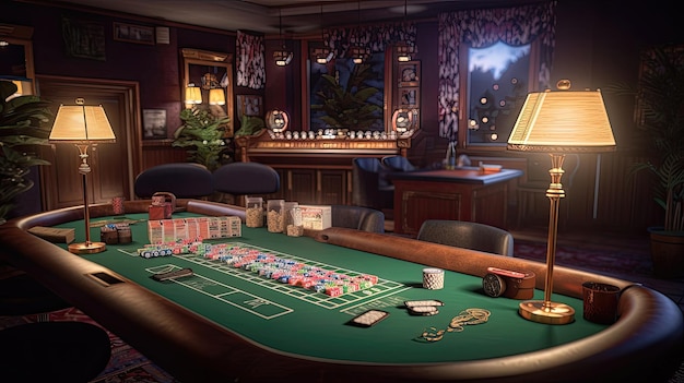 Eine elegante Party im Casino-Stil mit einem Blackjack-Tisch und anderen klassischen Spielen, die eine raffinierte und anspruchsvolle Atmosphäre für die Gäste schafft. Generated by AI